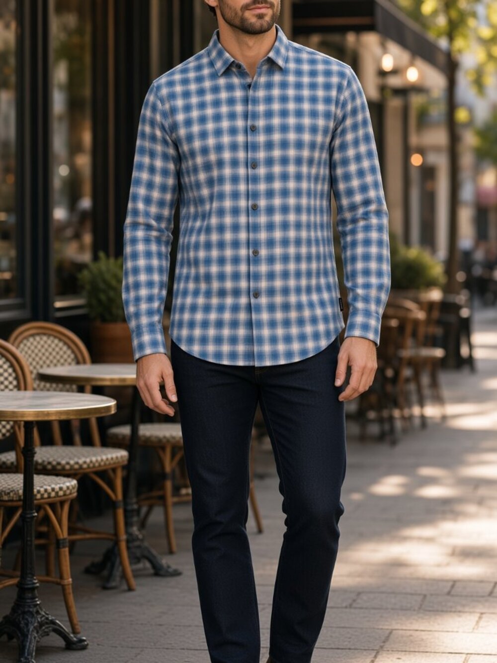 John Varvatos Men Blue Cream Plaid Soft Cotton Casual Long Sleeve Button-Down XL